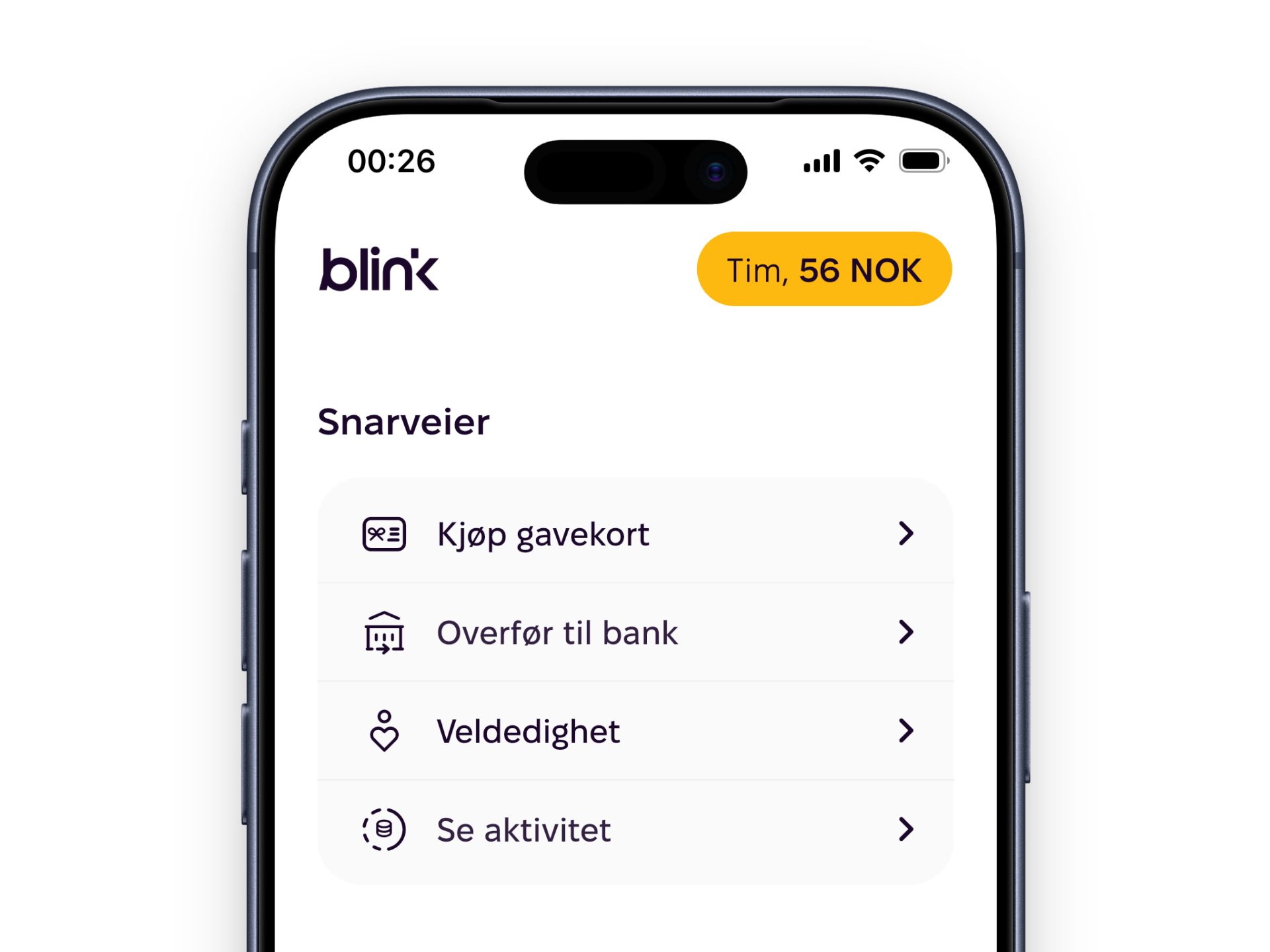 Blink-appen med valg av utbetaling: gavekort, bank eller veldedighet