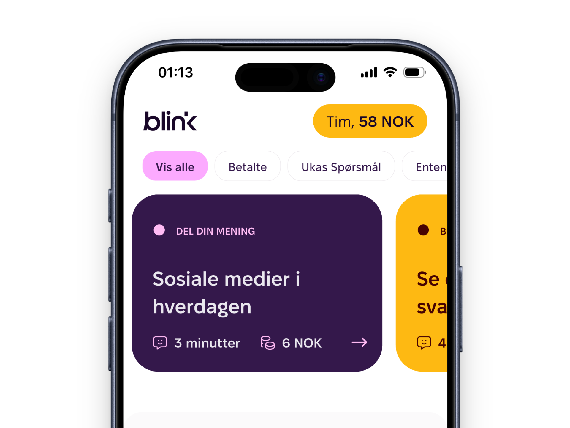 Blink-appen viser korte undersøkelser med tid og belønning